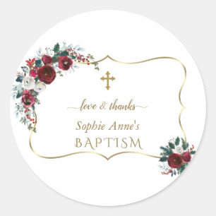 Charm Burgundy Flowers Gold Pine Baptism Classic Round Sticker