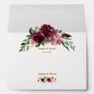 Charm Burgundy Flowers Wedding Return Address Envelope