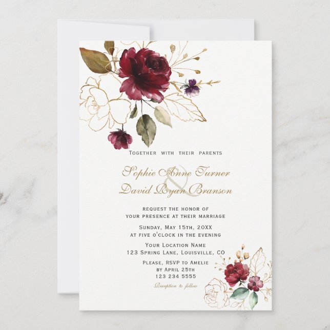 Charm Burgundy Gold Flowers Monogram Wedding Invitation (Front)