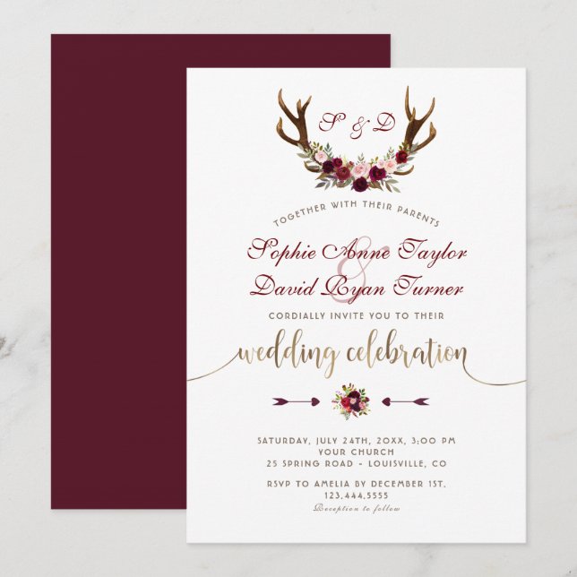 Charm Burgundy Marsala Floral Antlers Gold Wedding Invitation (Front/Back)