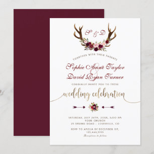 Charm Burgundy Marsala Floral Antlers Gold Wedding Invitation
