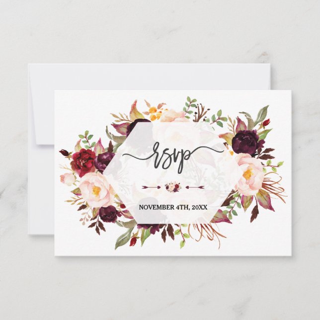 Charm Burgundy Marsala Floral Geometric Wedding RSVP Card (Front)