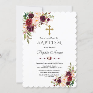 Charm Burgundy Marsala Floral Girl Baptism Invitation