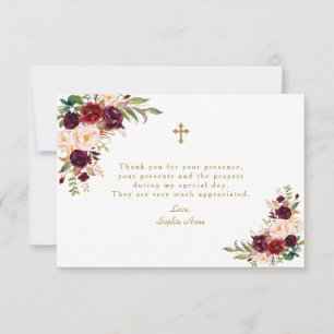 Charm Burgundy Marsala Floral Girl Baptism Thank You Card