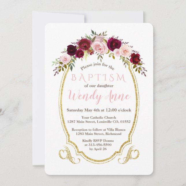 Charm Burgundy Marsala Floral Gold Baptism Invite (Front)