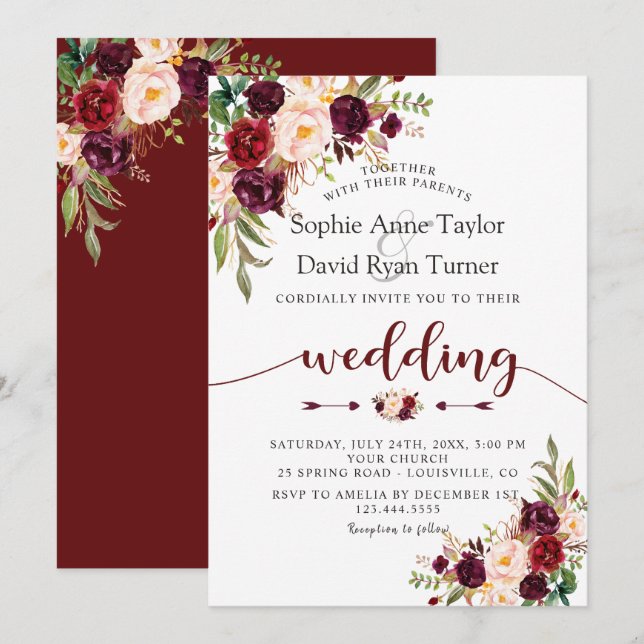 Charm Burgundy Marsala Floral Handwriting Wedding Invitation (Front/Back)