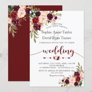 Charm Burgundy Marsala Floral Handwriting Wedding Invitation