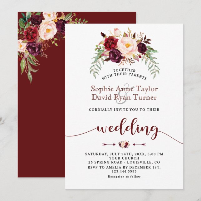 Charm Burgundy Marsala Floral Handwriting Wedding Invitation (Front/Back)