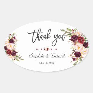 Charm Burgundy Marsala Floral Handwriting Wedding Oval Sticker