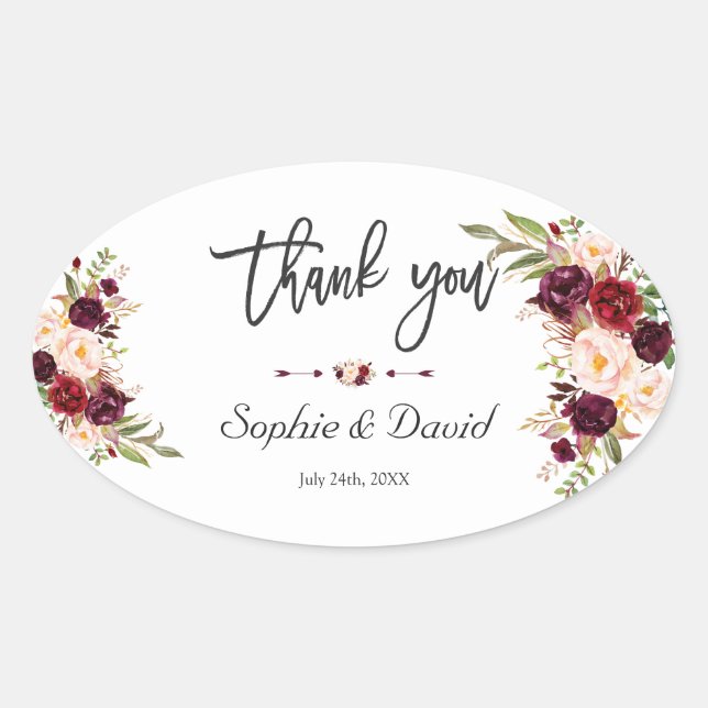 Charm Burgundy Marsala Floral Handwriting Wedding Oval Sticker (Front)