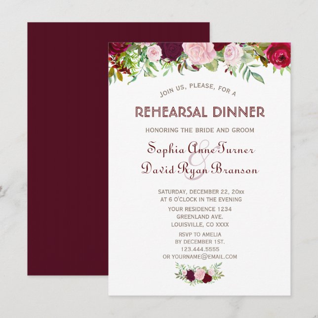 Charm Burgundy Marsala Floral Rehearsal Dinner Invitation (Front/Back)