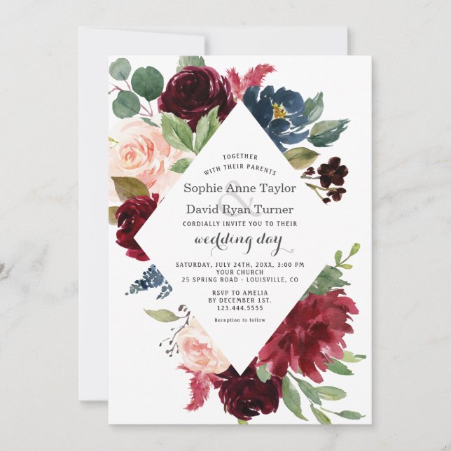 Charm Burgundy Navy Blue Blush Floral Wedding Invitation (Front)