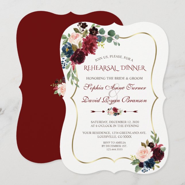 Charm Burgundy Navy Blue Floral Rehearsal Dinner Invitation (Front/Back)