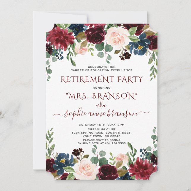 Charm Burgundy Navy Blue Floral Retirement Party Invitation (Front)