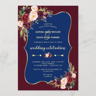 Charm Burgundy Navy Blue Gold Floral Wedding Invitation