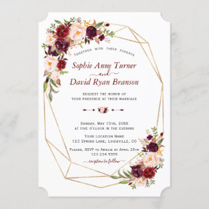 Charm Burgundy Pink Floral Gold Frame Wedding Invitation