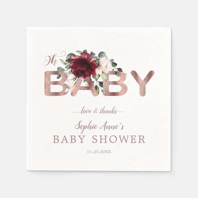 Charm Burgundy Pink Floral Gold Girl Baby Shower Napkin (Front)