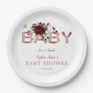 Charm Burgundy Pink Floral Gold Girl Baby Shower Paper Plate