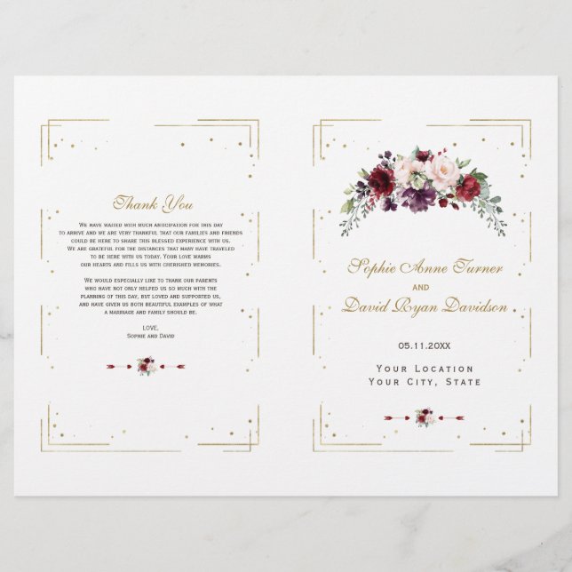 Charm Burgundy Pink Floral Gold Wedding Program (Front)