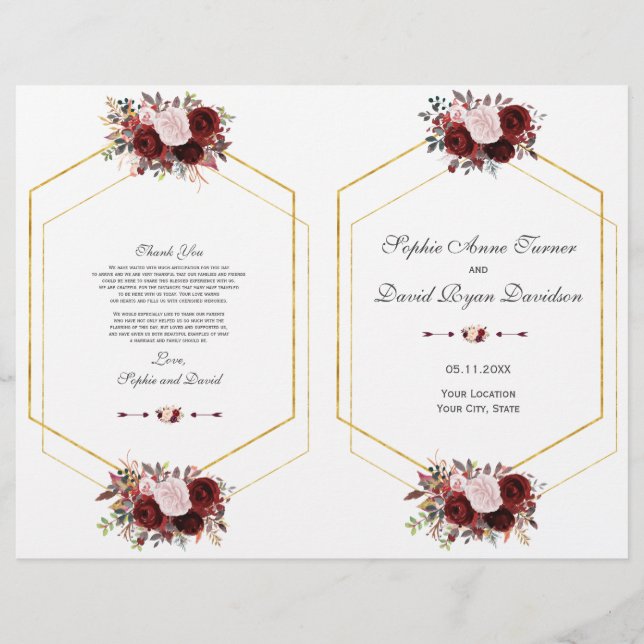Charm Burgundy Pink Floral Gold Wedding Program Flyer (Front)