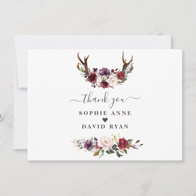 Charm Burgundy Pink Plum Blush Flowers Wedding Thank You Card (Front)