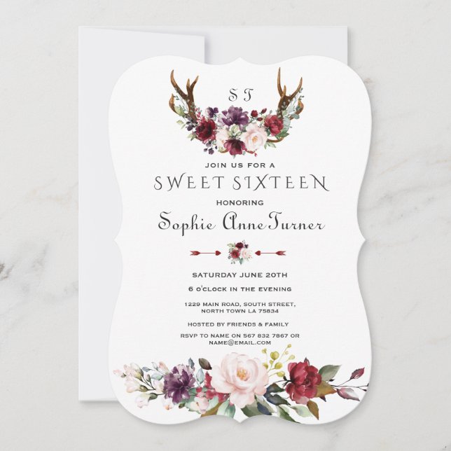 Charm Burgundy Plum Blush Floral Antlers Sweet 16 Invitation (Front)
