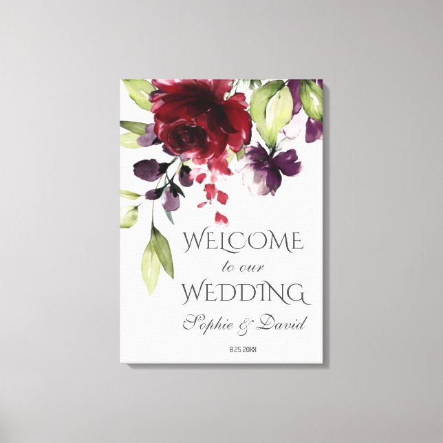 Charm Burgundy Purple Floral Welcome Wedding Sign (Front)