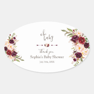 Charm Burgundy Red Marsala Floral BABY SHOWER Oval Sticker