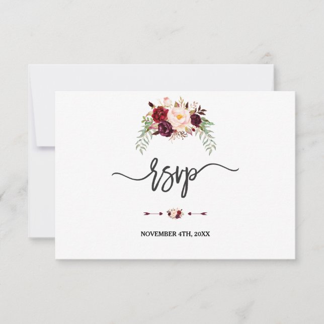 Charm Burgundy Red Marsala Floral Handwriting RSVP (Front)