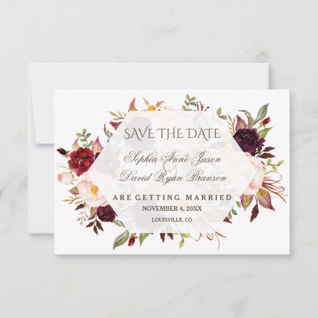 Charm Burgundy Red Marsala Floral Save The Date (Front)