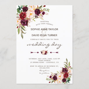 Charm Burgundy Red Marsala Floral Wedding Invite
