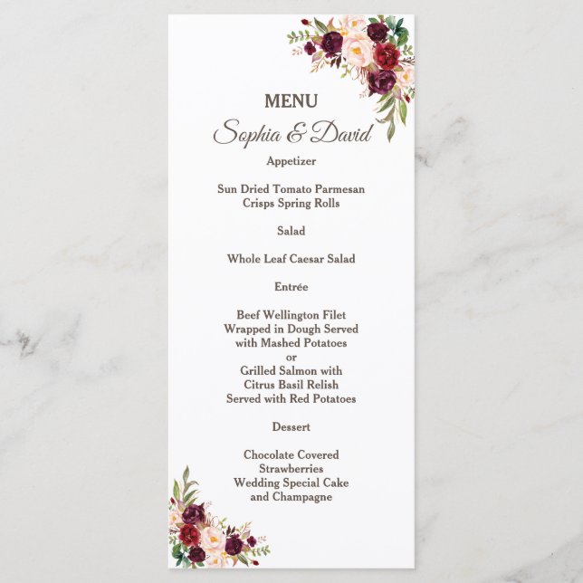 Charm Burgundy Red Marsala Floral Wedding Menu (Front)
