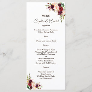 Charm Burgundy Red Marsala Floral Wedding Menu