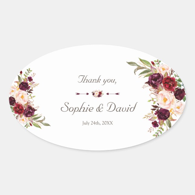 Charm Burgundy Red Marsala Floral Wedding Oval Sticker (Front)