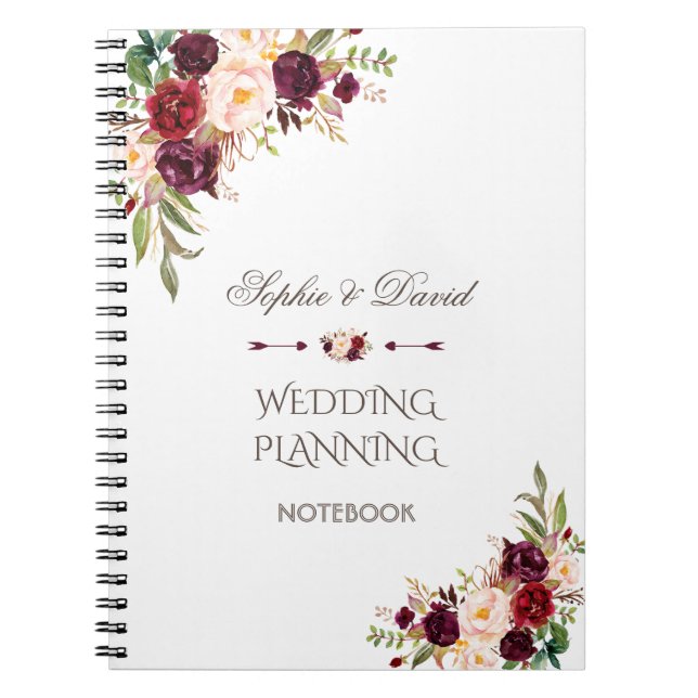 Charm Burgundy Red Marsala Floral Wedding Planner Notebook (Front)