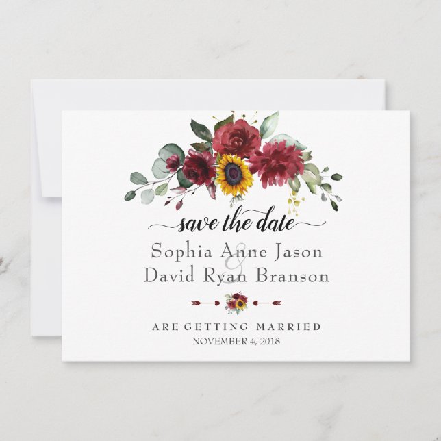 Charm Burgundy Sunflowers Wedding Calligraphy Save The Date (Front)