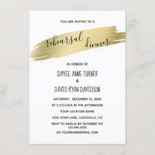 Charm Calligraphy Gold Stroke Rehearsal Dinner Invitation