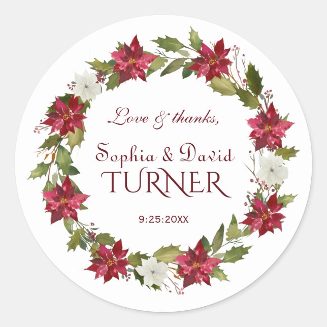 Charm Christmas Red White Poinsettia Wedding Classic Round Sticker (Front)