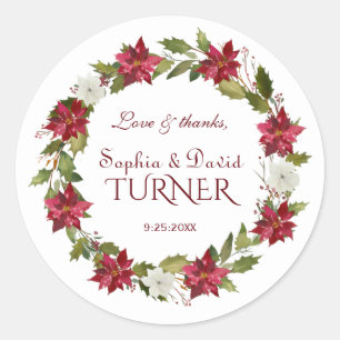 Charm Christmas Red White Poinsettia Wedding Classic Round Sticker