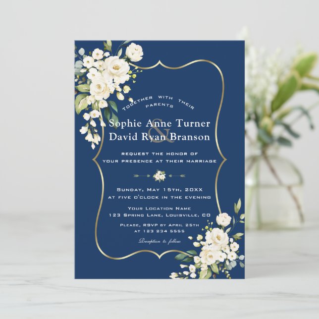 Charm Delicate White Floral Gold Navy Blue Wedding Invitation (Standing Front)