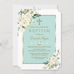 Charm Delicate White Flowers Gold Cross Baptism Invitation