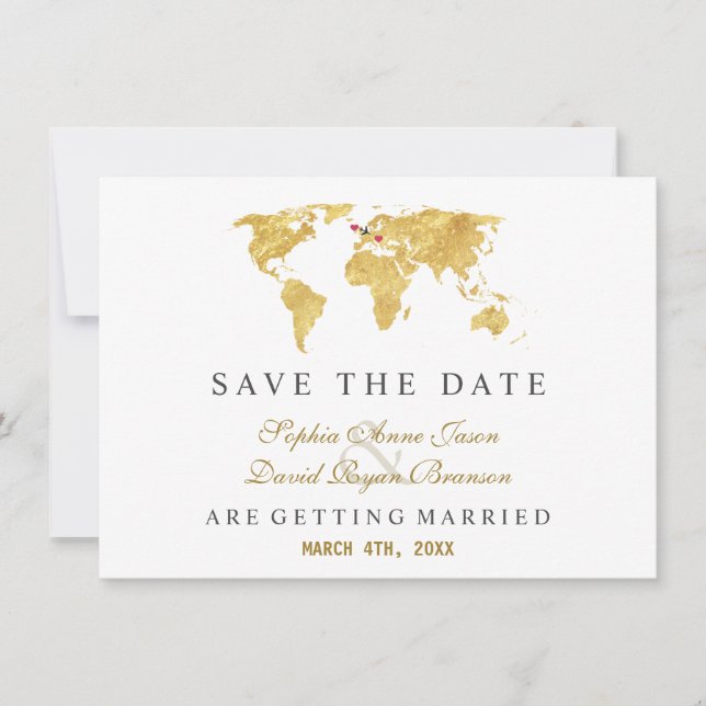 Charm Destination Gold World Map Wedding Save The Date (Front)
