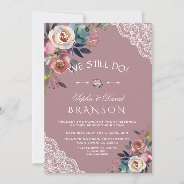 Charm Dusty Blue Dusty Rose Floral We Still Do Invitation (Front)