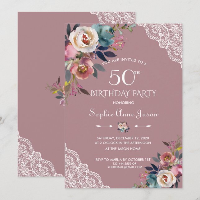 Charm Dusty Blue Dusty Rose Flowers 50th Birthday Invitation (Front/Back)