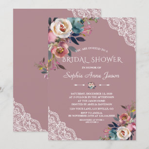 Charm Dusty Blue Dusty Rose Flowers Bridal Shower Invitation