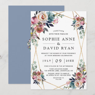 Charm Dusty Blue Misty Rose Floral Gold Wedding Invitation
