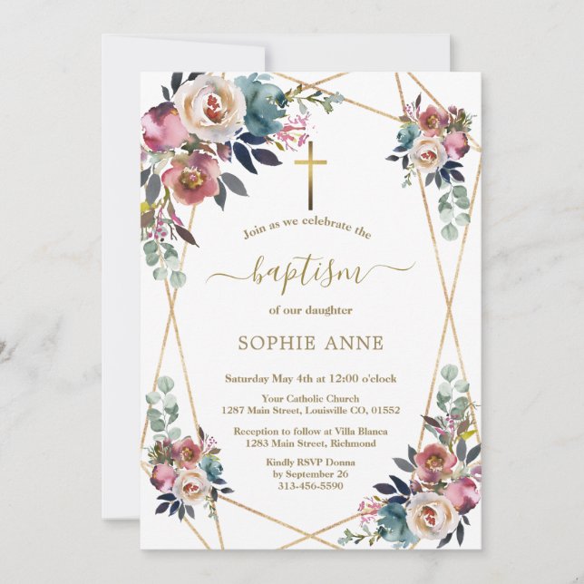 Charm Dusty Blue Misty Rose Flowers Gold Baptism Invitation (Front)