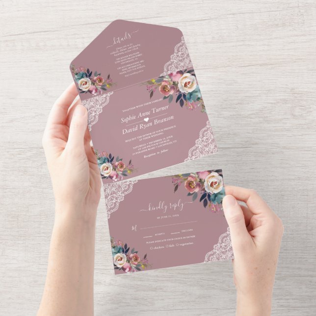 Charm Dusty Blue Misty Rose Flowers Wedding   All In One Invitation (Tearaway)