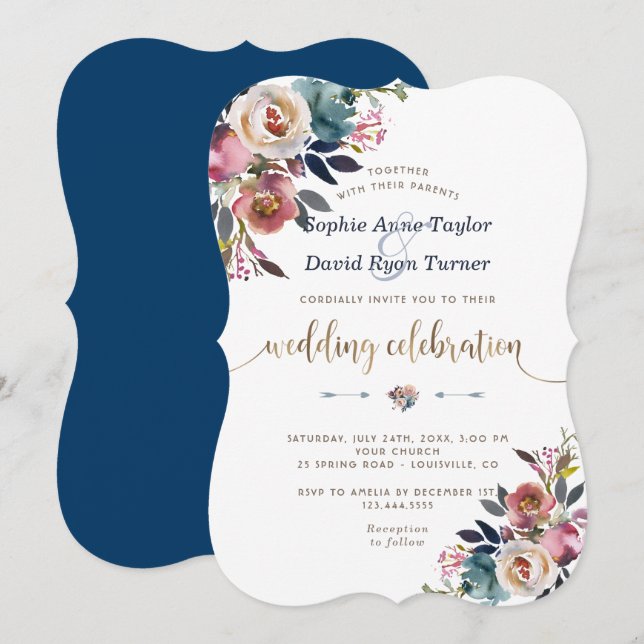 Charm Dusty Blue Pink Floral Bloom Wedding Invitation (Front/Back)