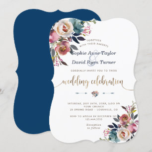 Charm Dusty Blue Pink Floral Bloom Wedding Invitation